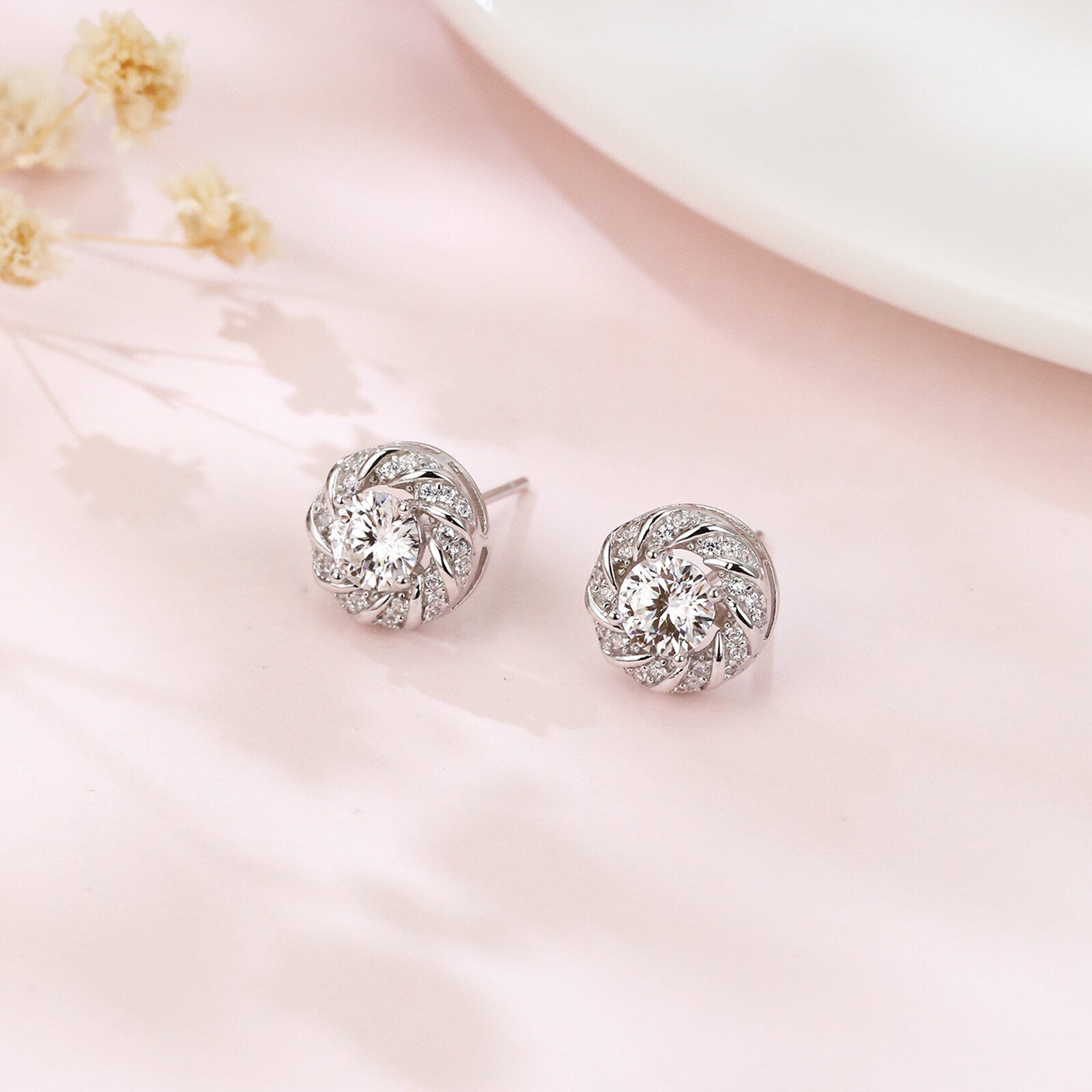 Floral Moissanite Stud Earrings – moissanite earrings, close-up