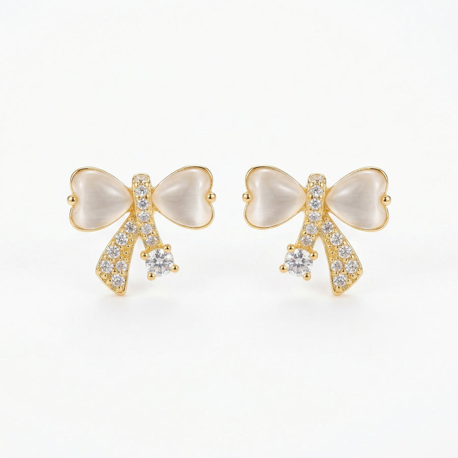Bowknot Studs with Opal Hearts – opal earrings