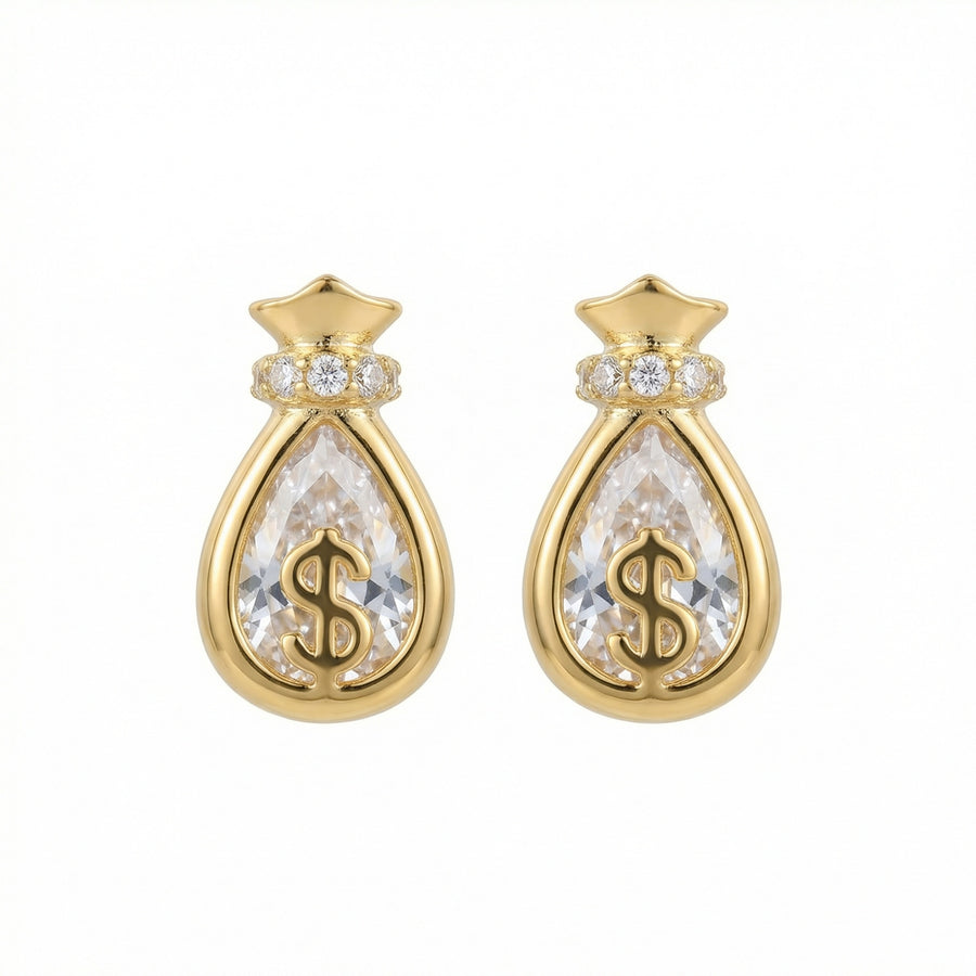Money Bag Symbol Stud Earrings – sterling silver earrings, front view