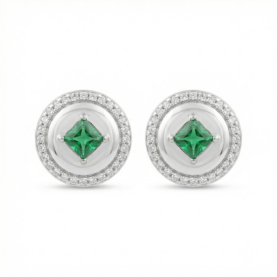 Round Green Gemstone Halo Studs – sterling silver earrings
