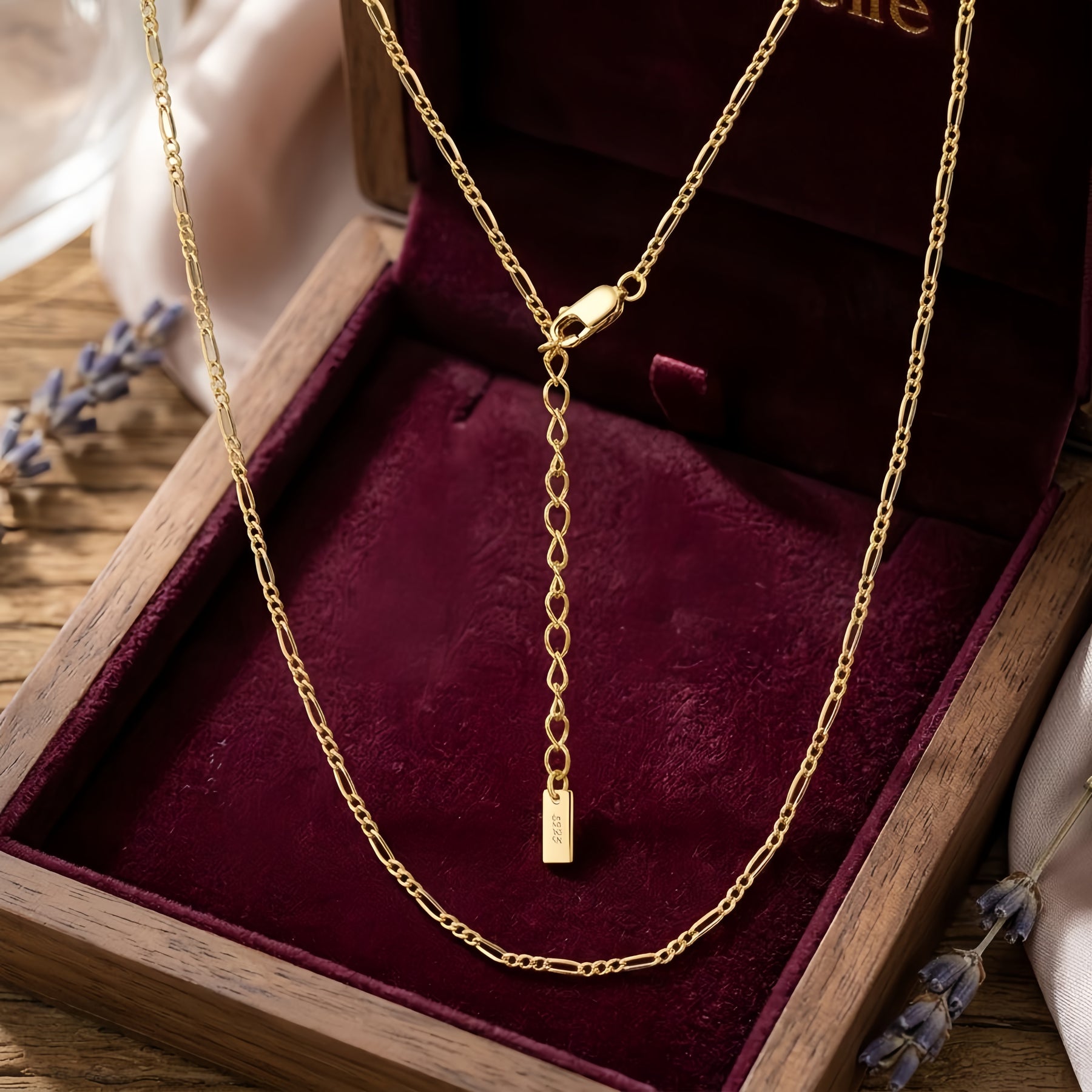 Gold Figaro Chain Necklace with Charm – sterling silver necklace, side detail