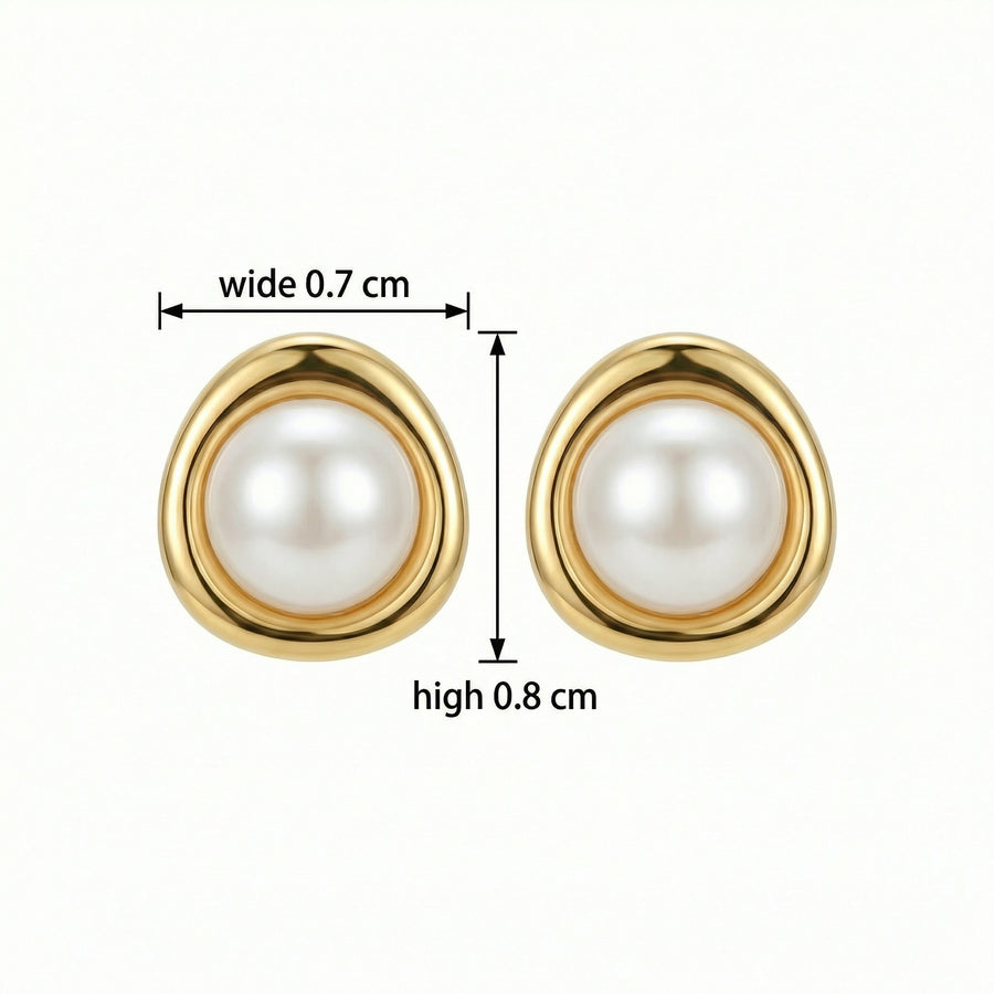 Pearl Studs in Sculptural Gilded Setting – pearl earrings, front view