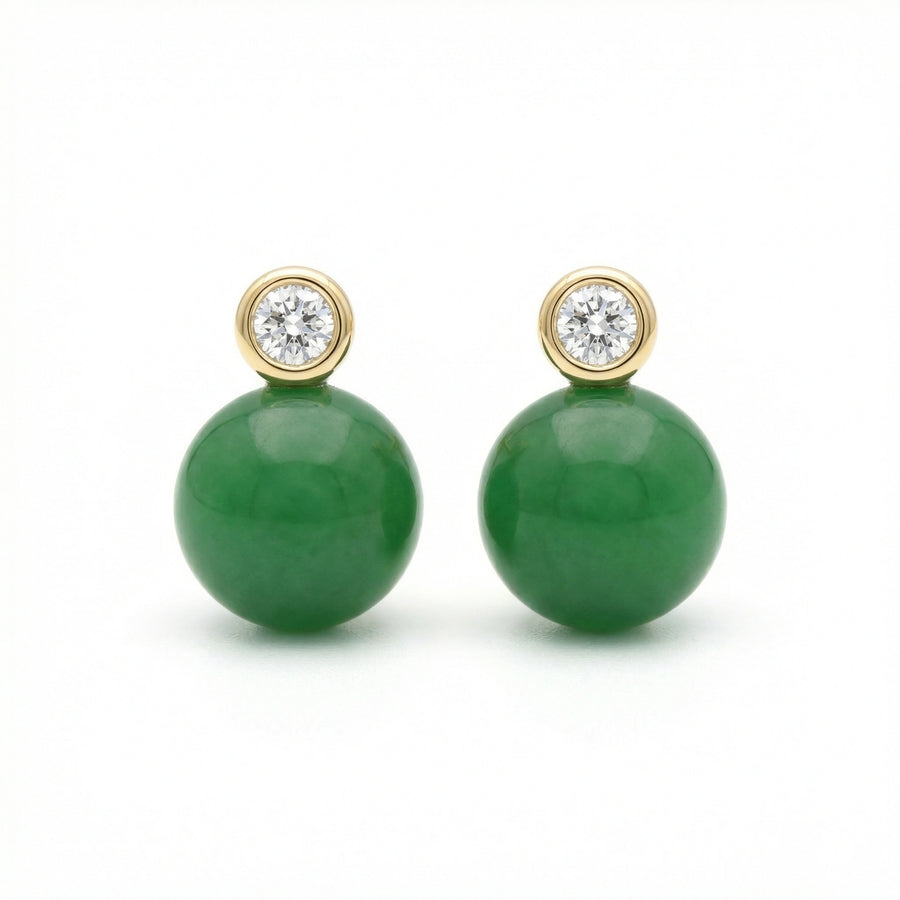 Green Jade Sphere Diamond Accent Studs – jade earrings, front view