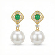 Emerald and Pearl Drop Earrings – pearl earrings, front view