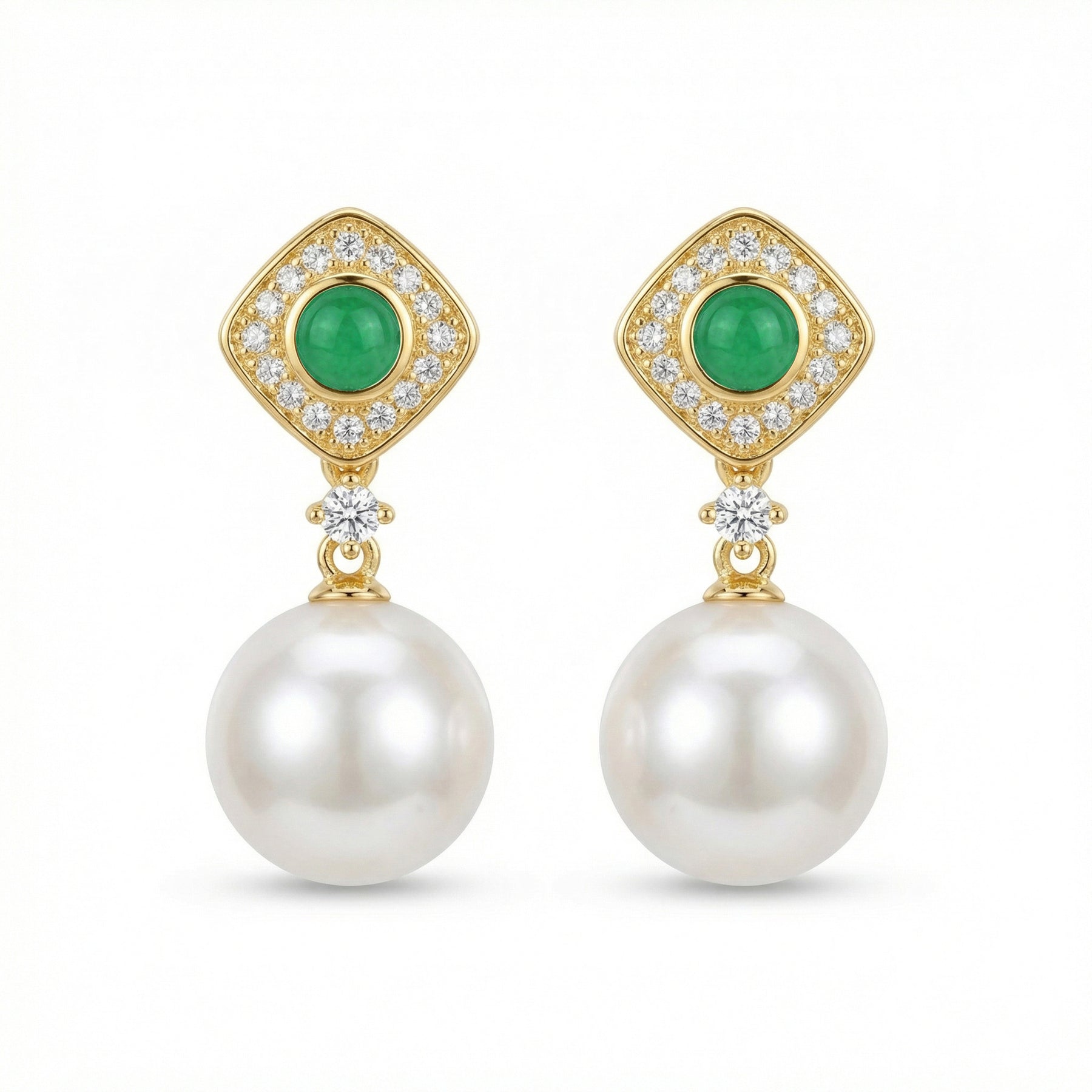 Emerald and Pearl Drop Earrings – pearl earrings, front view