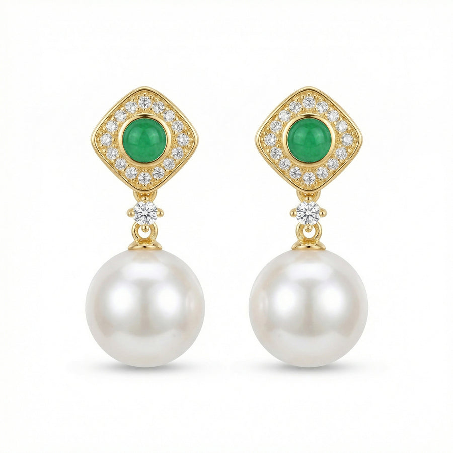 Emerald and Pearl Drop Earrings – pearl earrings, front view
