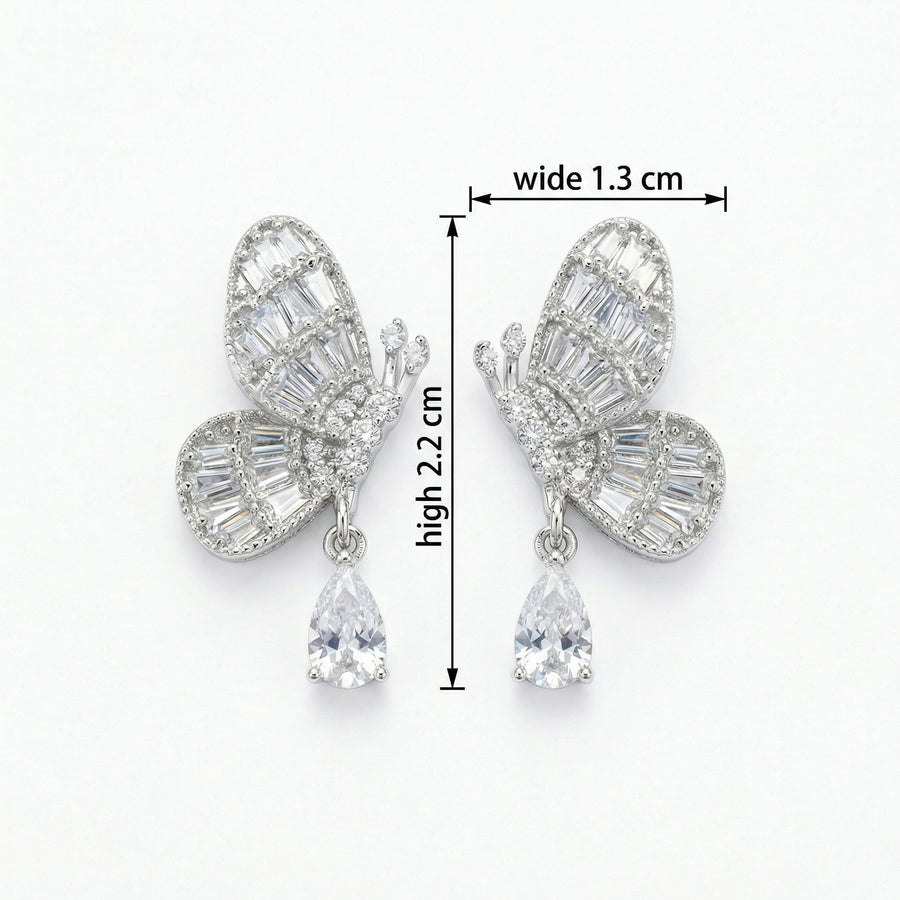 Butterfly Drop Earrings, Baguette and Pear – sterling silver earrings, front view