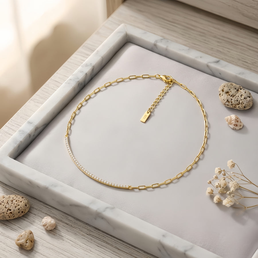Gold Chain Necklace with CZ Bar Pendant – zircon necklace, front view