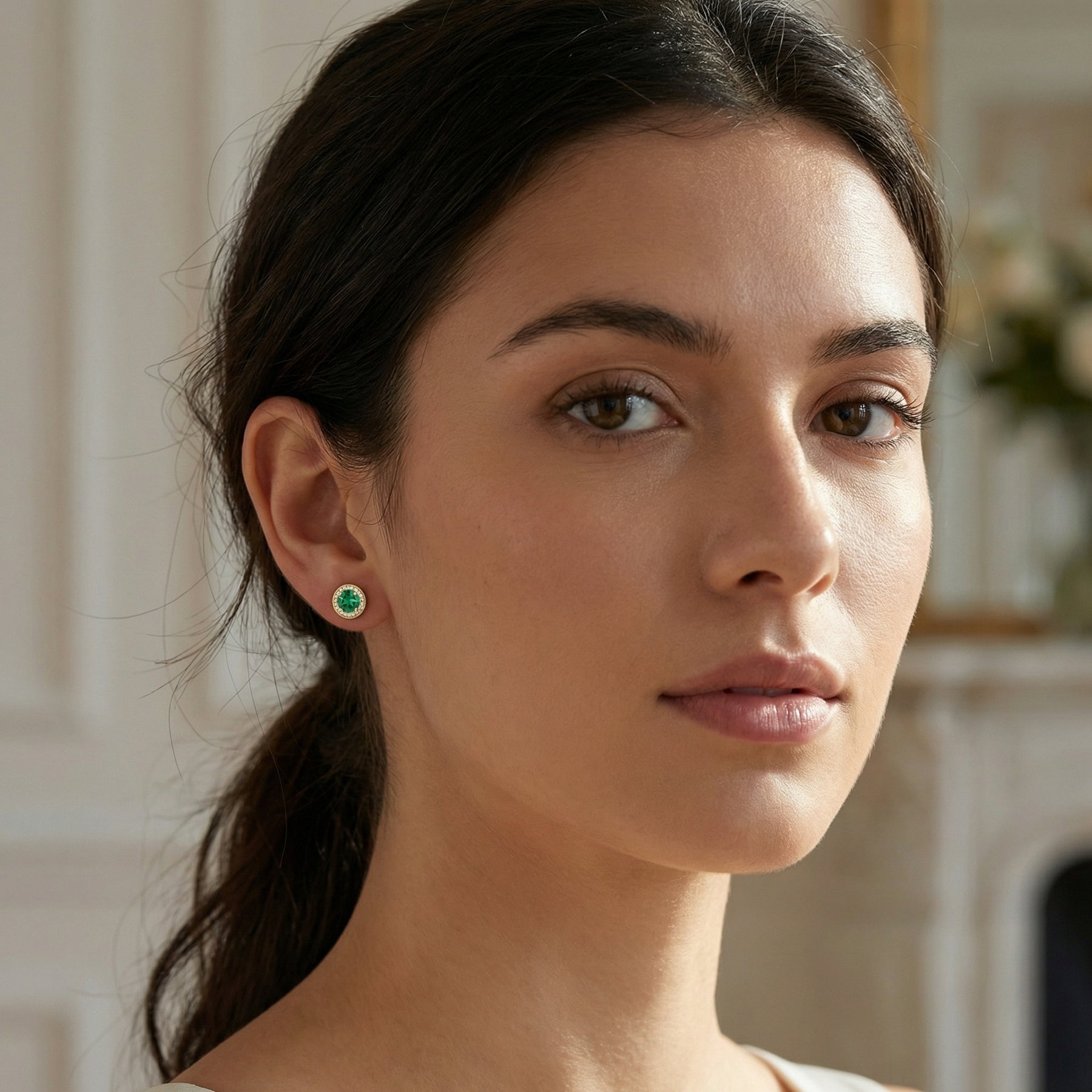 Round Emerald Halo Stud Earrings – emerald earrings, side detail