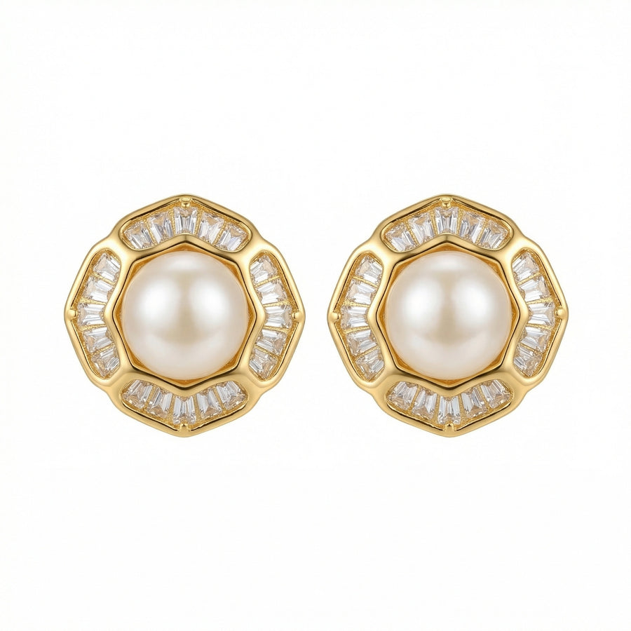Scalloped Pearl Studs, Baguette Halo – pearl earrings