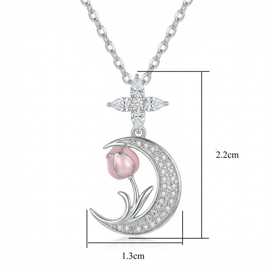 Crescent Moon Pink Tulip Necklace – sterling silver necklace, front view