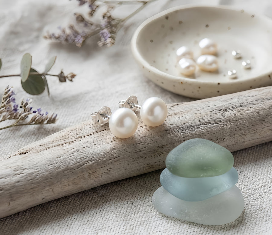 Everyday Pearl Stud Earrings – pearl earrings, front view