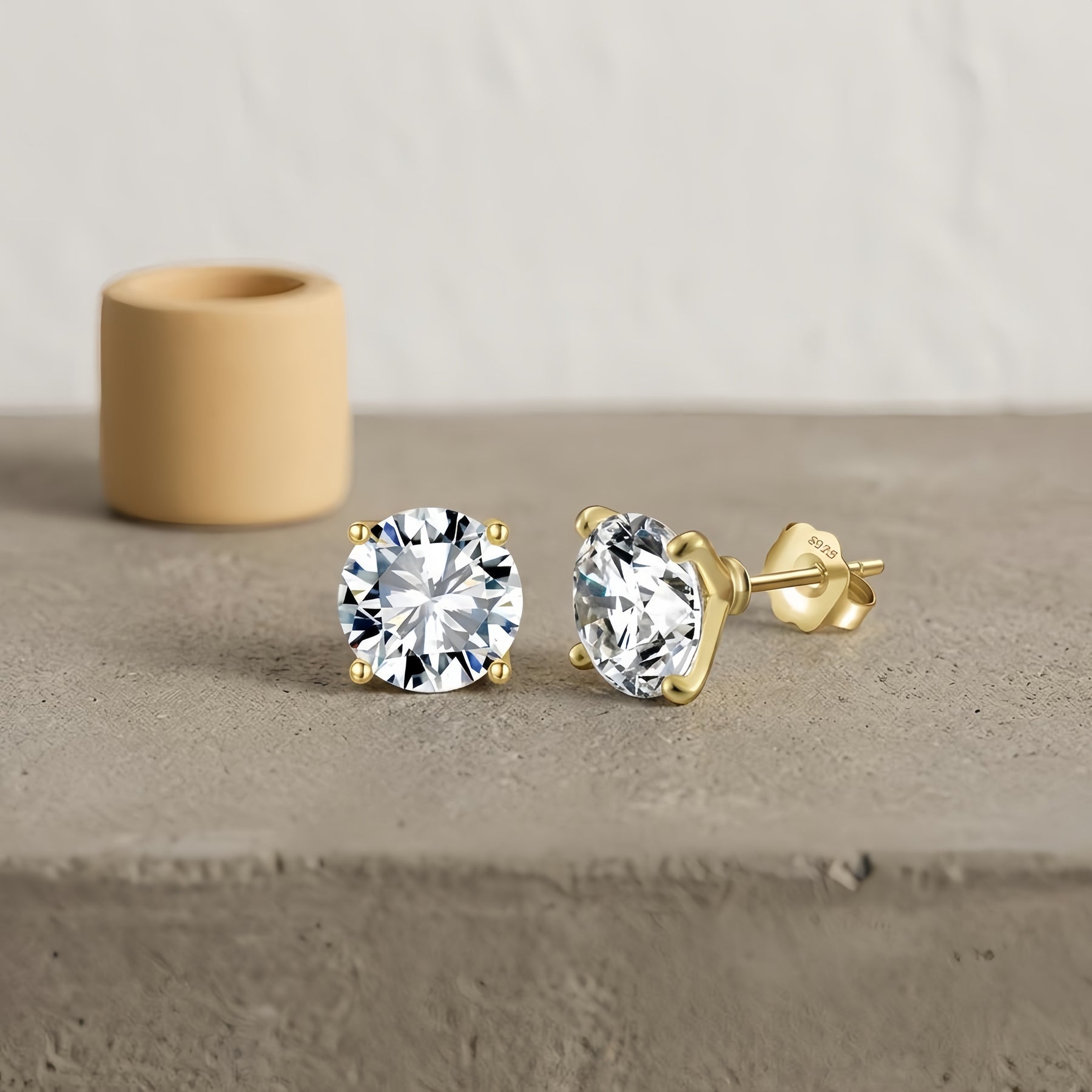 Gold CZ Studs, Four-Prong Setting – zircon earrings, front view