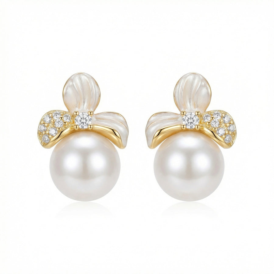 Floral Pearl Studs with Enamel Petals – pearl earrings, front view