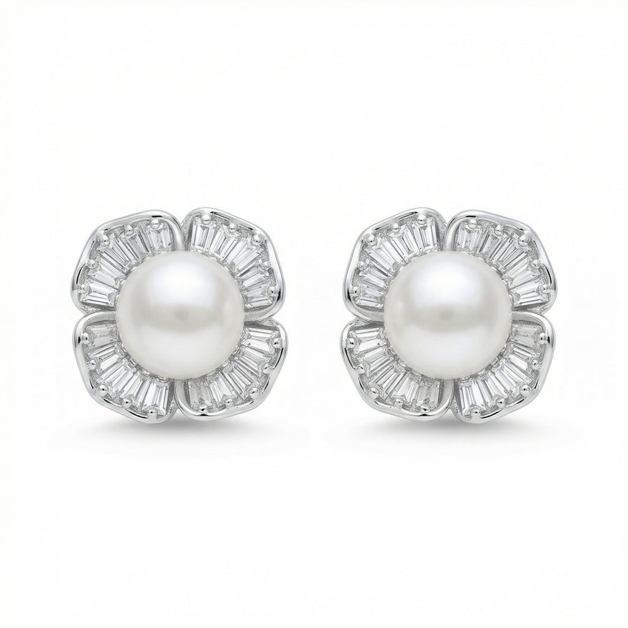 Floral Pearl Stud Earrings – pearl earrings, front view