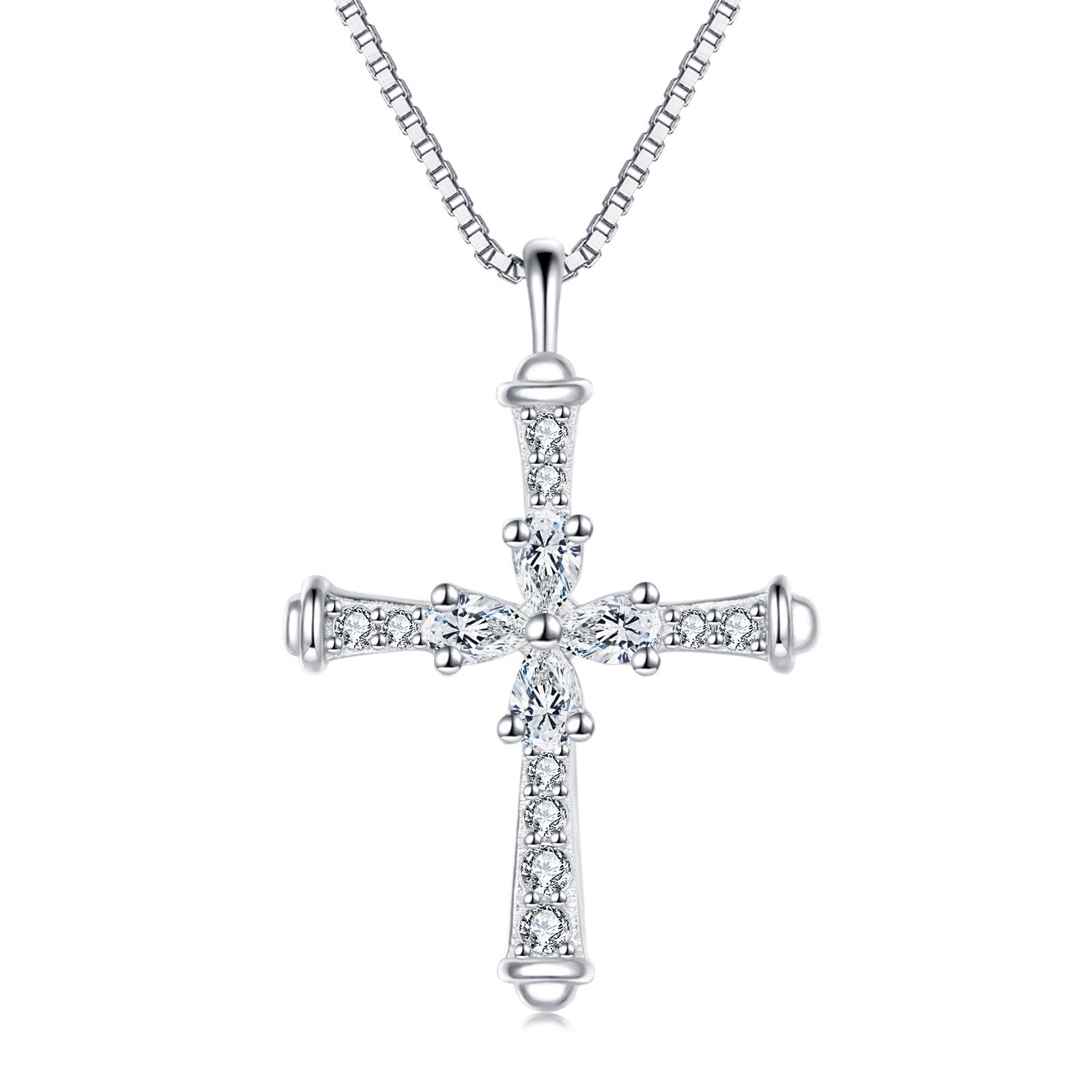 Silver Cross Necklace with Moissanite – moissanite necklace, front view