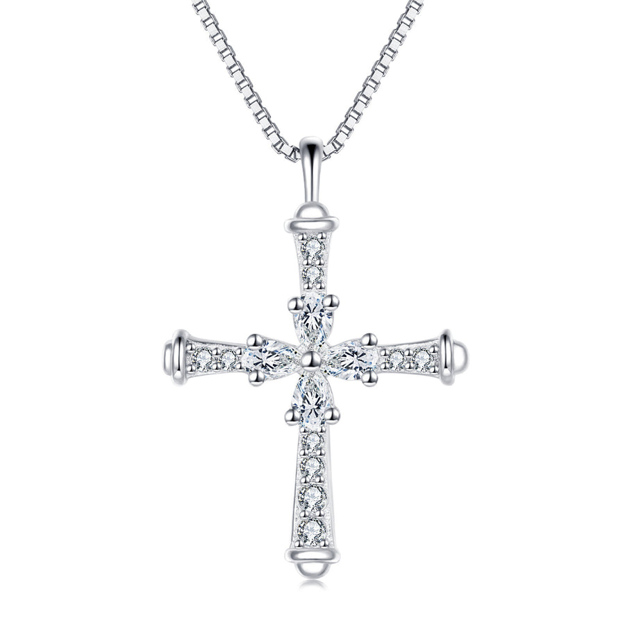 Silver Cross Necklace with Moissanite – moissanite necklace, front view