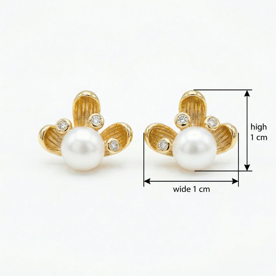 Floral Pearl Studs, Textured Petals – pearl earrings, front view