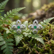 Emerald Floral Studs, Milgrain Detail – emerald earrings, front view