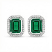 Emerald-Cut Green Halo Earrings – sterling silver earrings, close-up