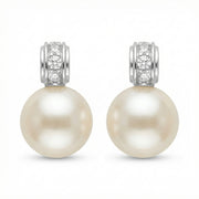 White Pearl Diamond Accent Drops – pearl earrings, front view