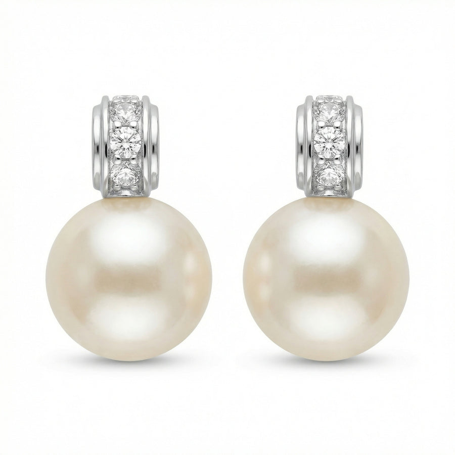 White Pearl Diamond Accent Drops – pearl earrings, front view