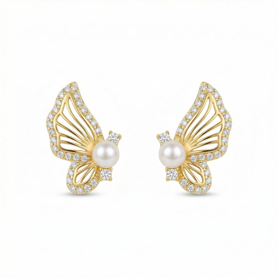 Butterfly Wing Studs with Pearls – pearl earrings, front view