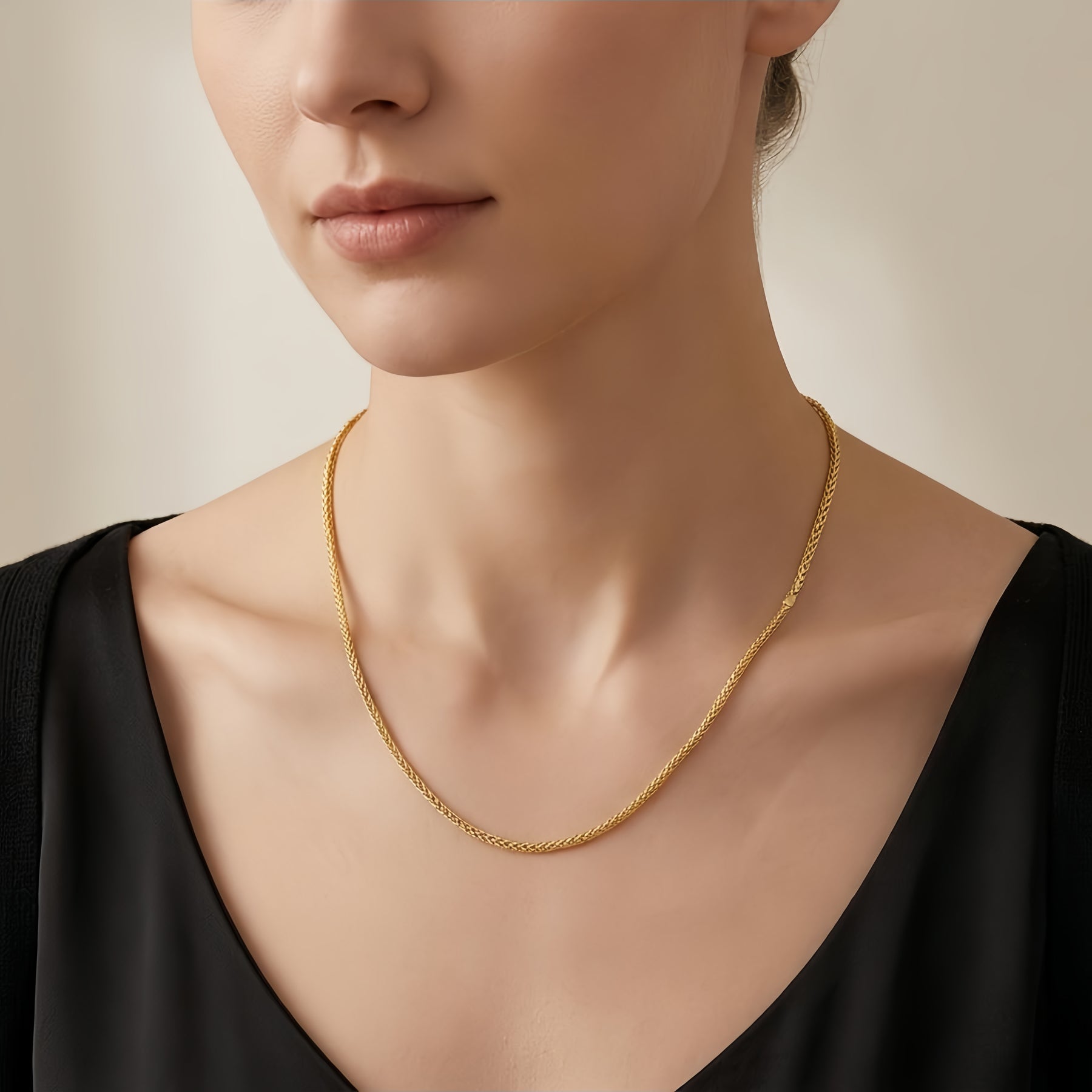 Italian Gold Wheat Chain Necklace – gold-plated necklace, close-up
