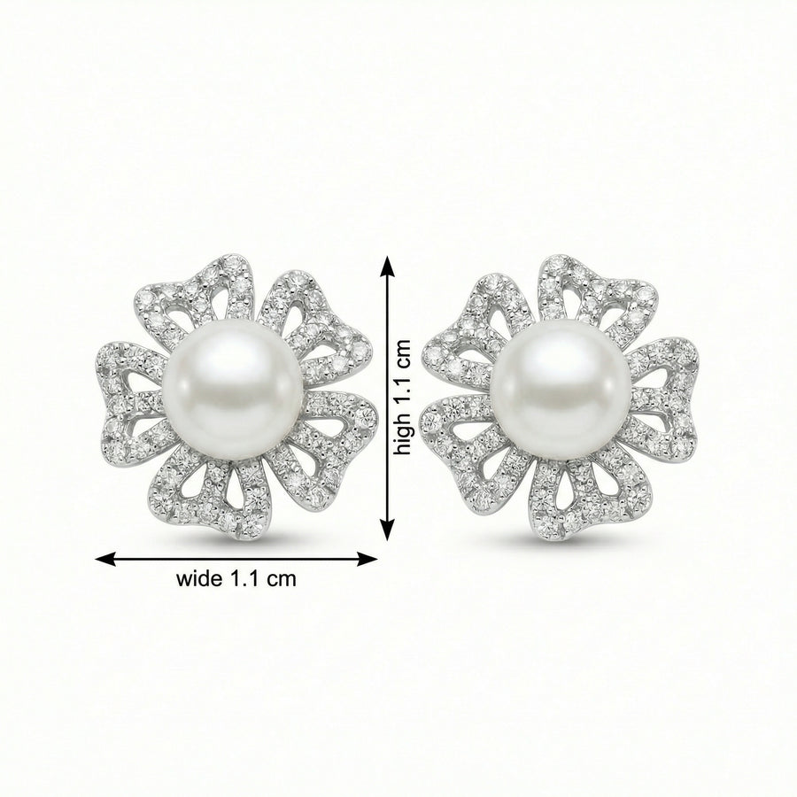 Pearl Floral Openwork Stud Earrings – pearl earrings, front view