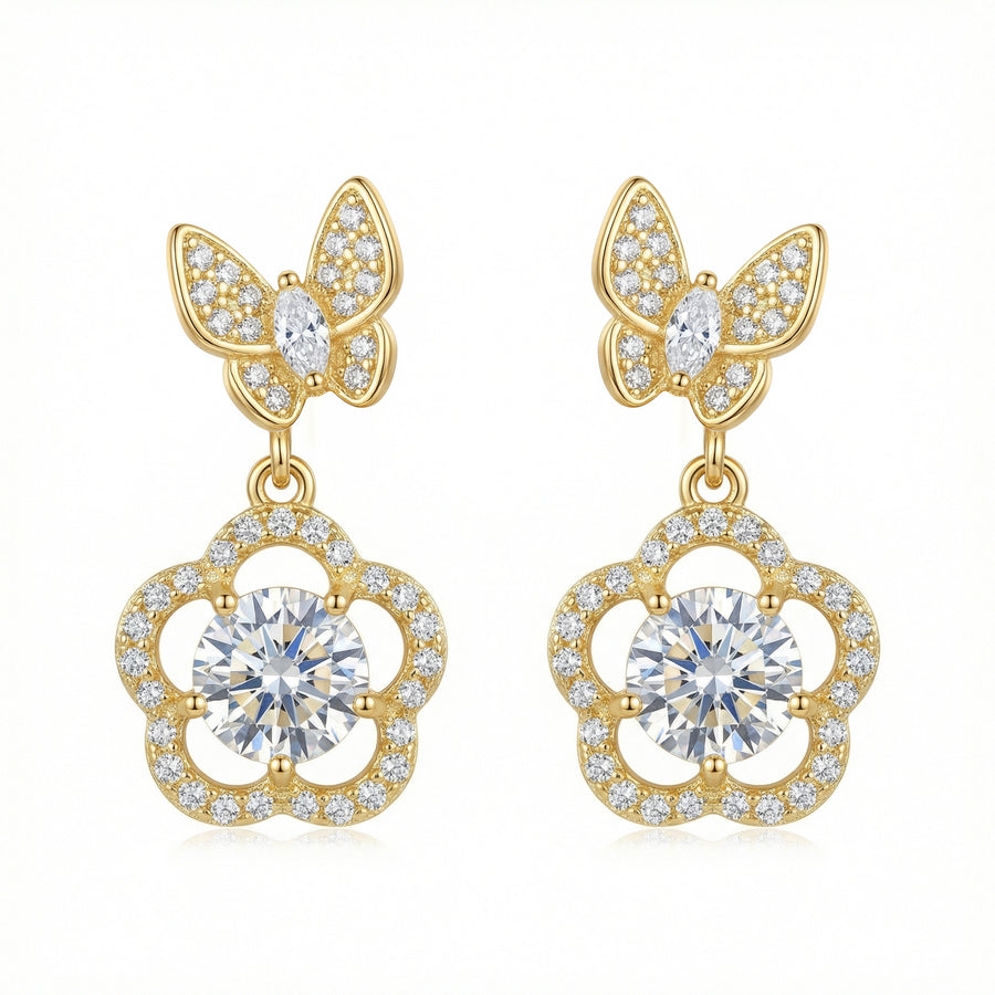 Butterfly and Floral Drop Earrings – sterling silver earrings, front view