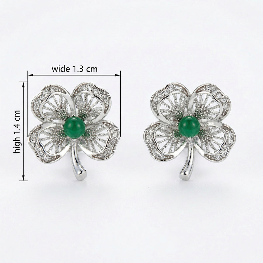 Four-Leaf Clover Green Gemstone Studs – sterling silver earrings, front view