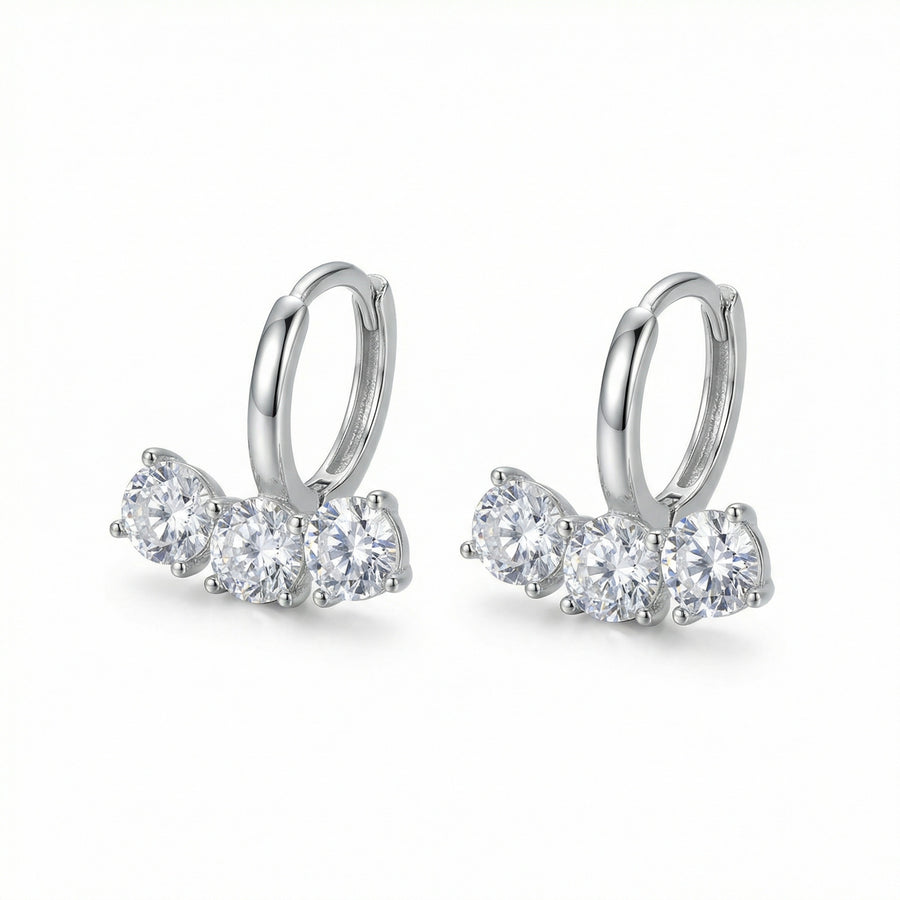 Three-Stone Silver Huggie Hoops – sterling silver earrings