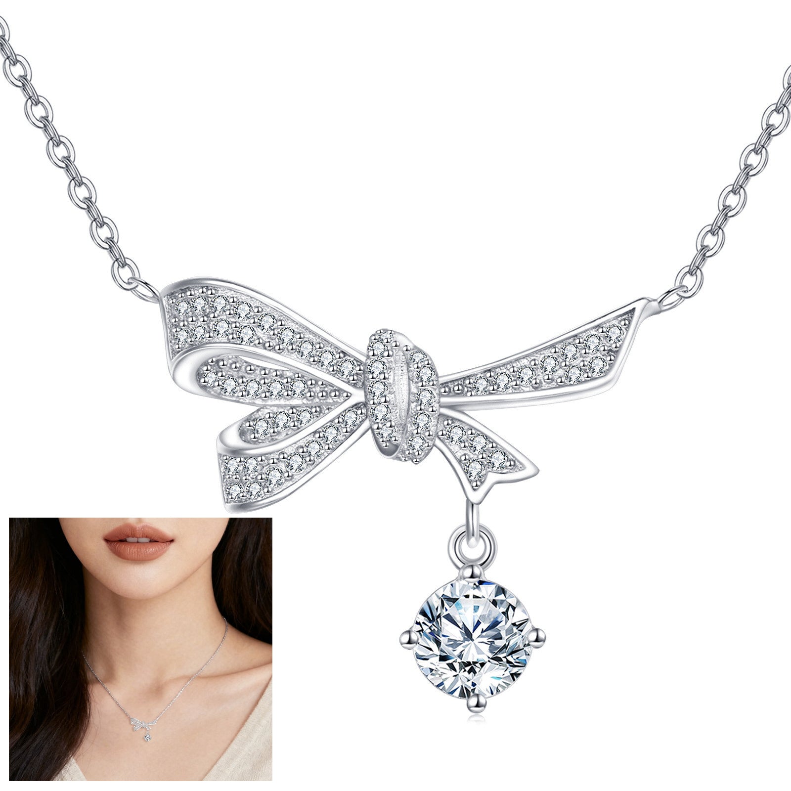 Silver Bow Necklace with Moissanite Charm – moissanite necklace