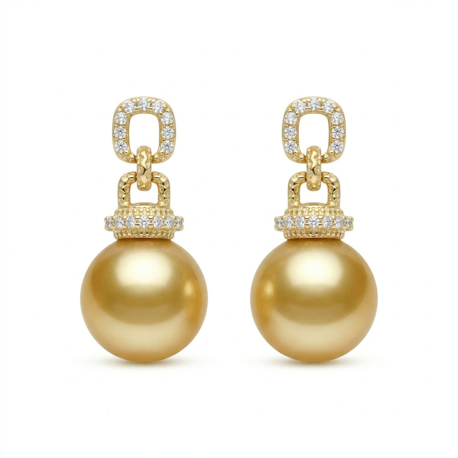 South Sea Pearl Drops, Textured Links – pearl earrings, front view