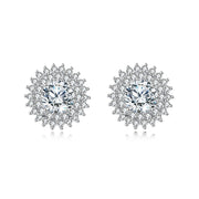 Silver Floral Studs with Moissanite Center – moissanite earrings, close-up