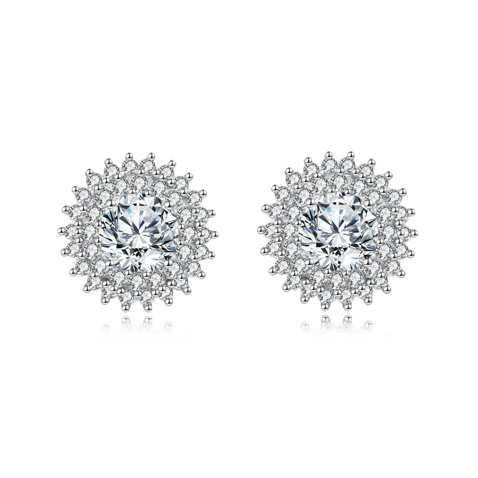 Silver Floral Studs with Moissanite Center – moissanite earrings, close-up