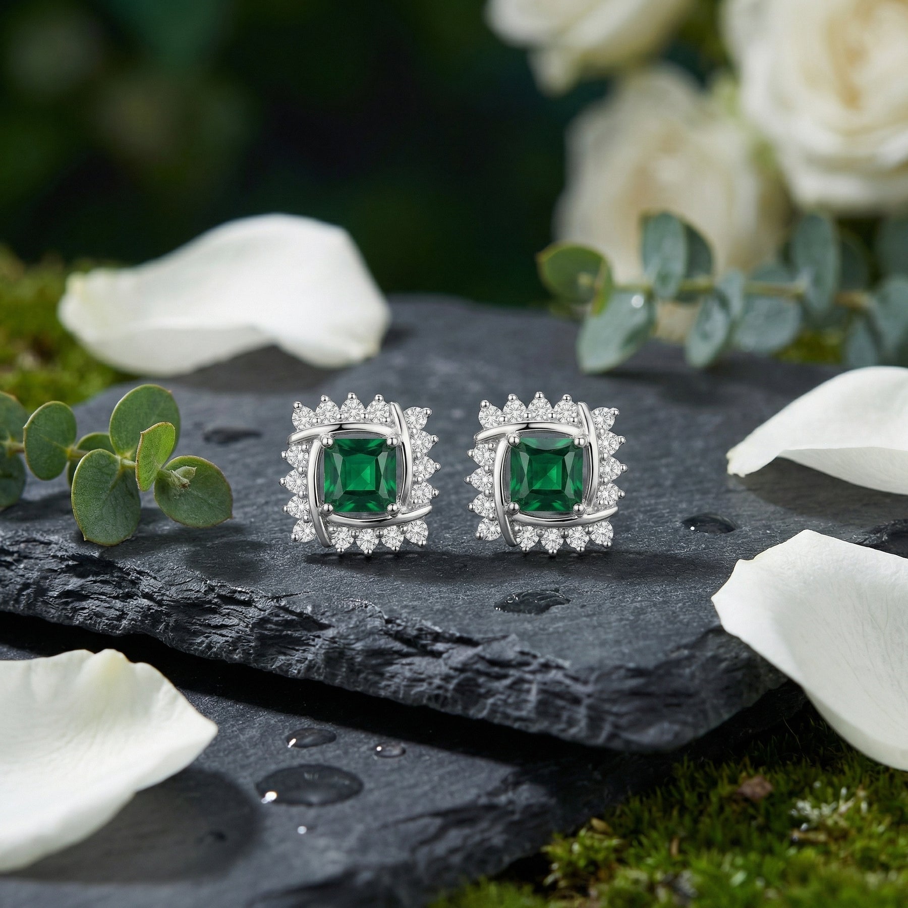 Square Emerald Interlocking Halo Studs – emerald earrings, front view