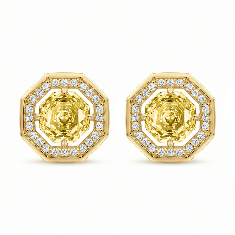 Octagonal Honey Gemstone Stud Earrings – sterling silver earrings, front view