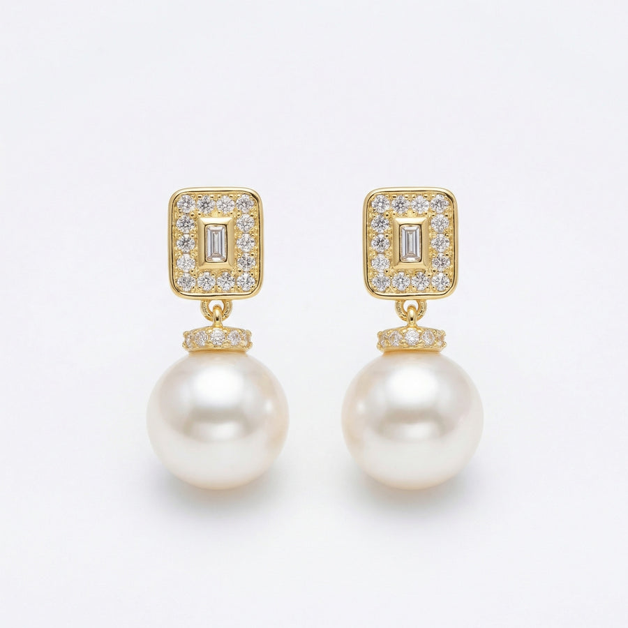 Pearl Drops with Rectangular Accents – pearl earrings, front view