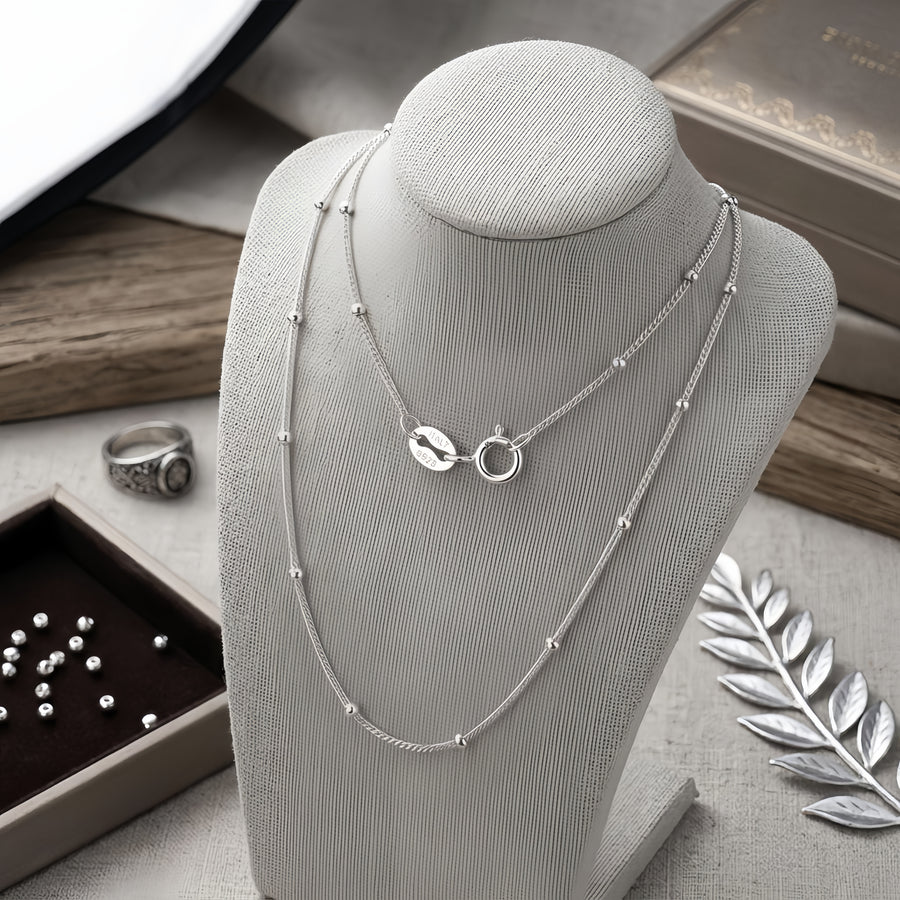 White Gold Bead-Accented Chain Necklace – sterling silver necklace, front view