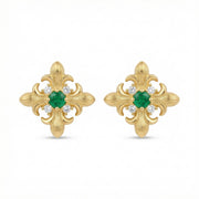 Fleur-de-lis Emerald Stud Earrings – emerald earrings, close-up