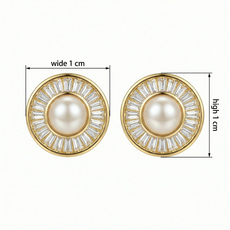 Pearl Sunburst Baguette Halo Studs – pearl earrings, front view