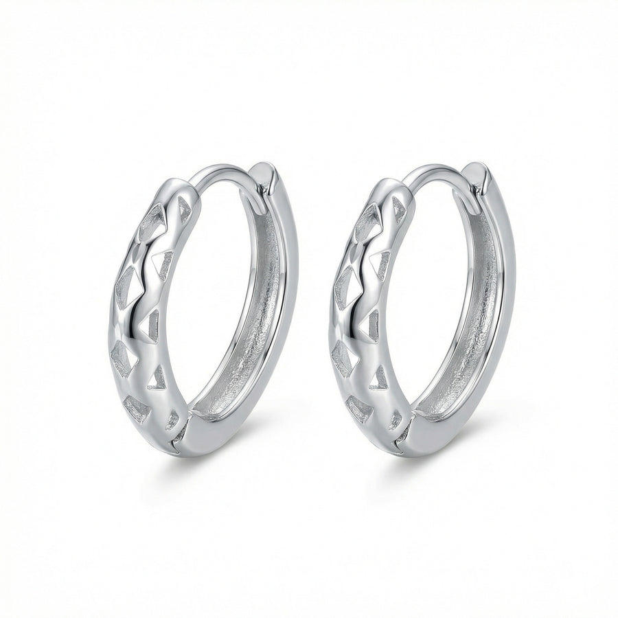 Geometric Cutout Silver Hoop Earrings – sterling silver earrings, front view