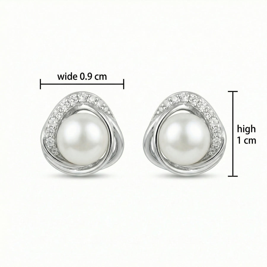 Pearl and CZ Swirl Stud Earrings – pearl earrings, front view