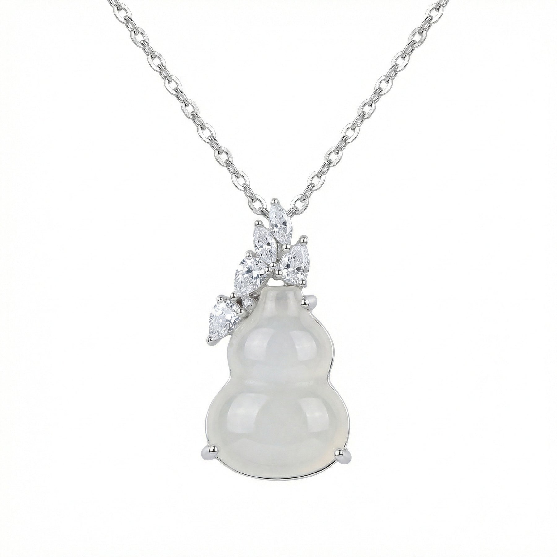White Jade Gourd Necklace, Diamond Leaves – jade necklace, side detail
