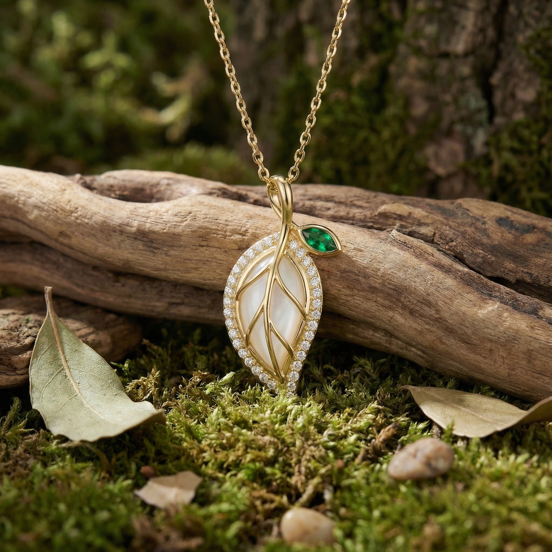 Leaf-Inspired Emerald Pendant Necklace – emerald necklace, close-up