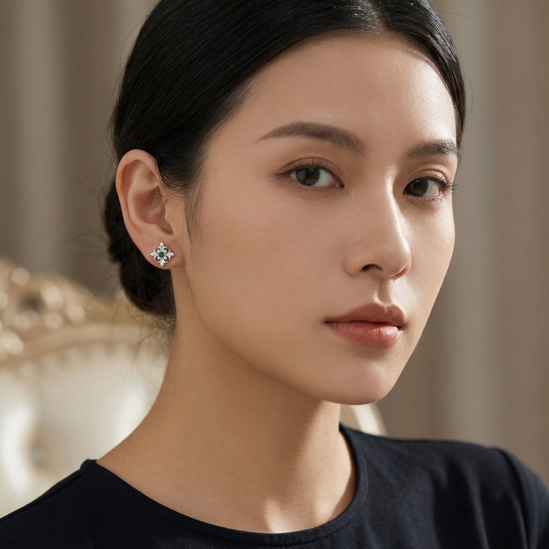 Vintage Fleur-de-Lis Emerald Studs – emerald earrings, front view