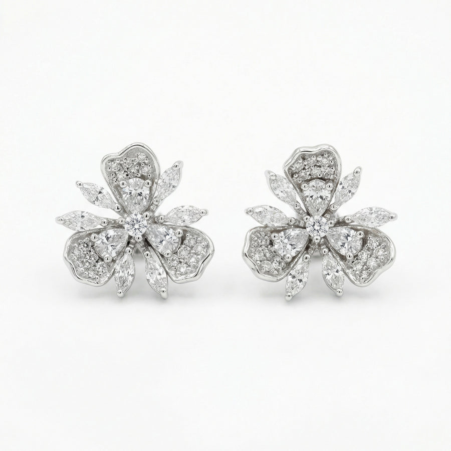 Three-Petal Floral Bloom Stud Earrings – sterling silver earrings, front view