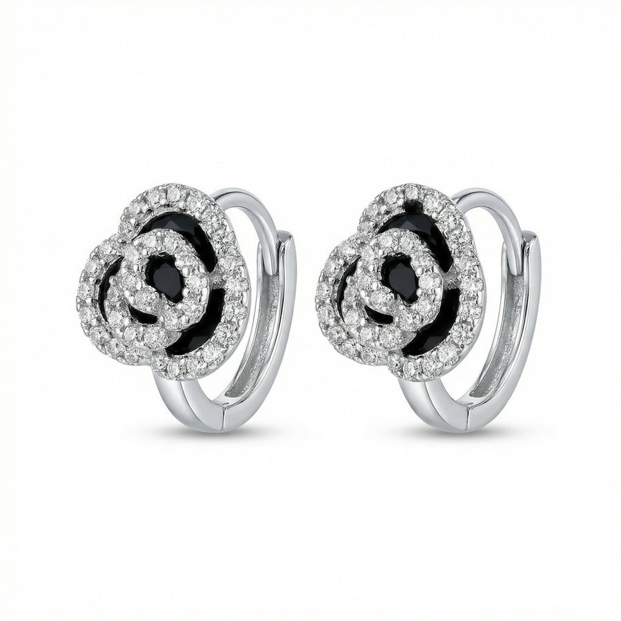 Rose Flower Huggie Hoop Earrings – sterling silver earrings, front view