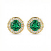 Round Emerald Halo Stud Earrings – emerald earrings, close-up